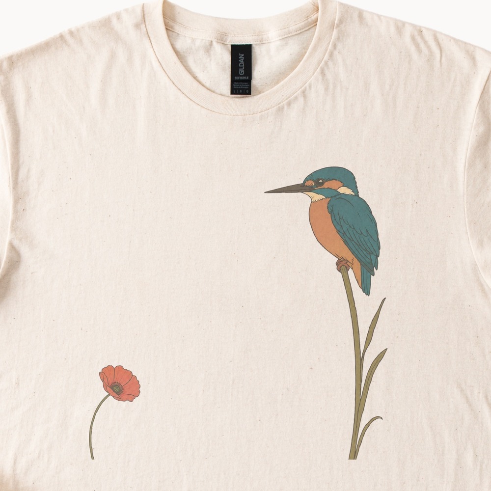Kingfisher Perched Above a Wild Poppy Tee
